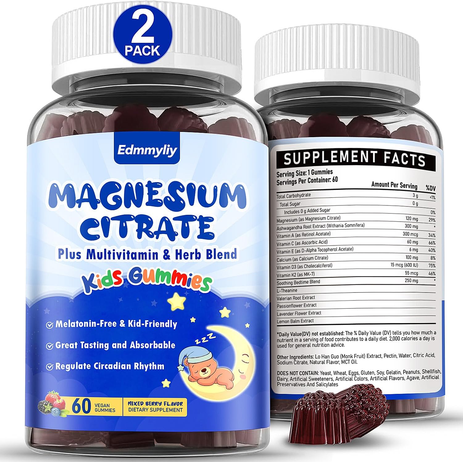 Magnesium Gummies For Kids 4+ - Sugar Free Magnesium Citrate Supplement With L-Theanine, Calcium And Vitamin A, C, D3 & K2 - Supports Zzz, Bone & Muscle