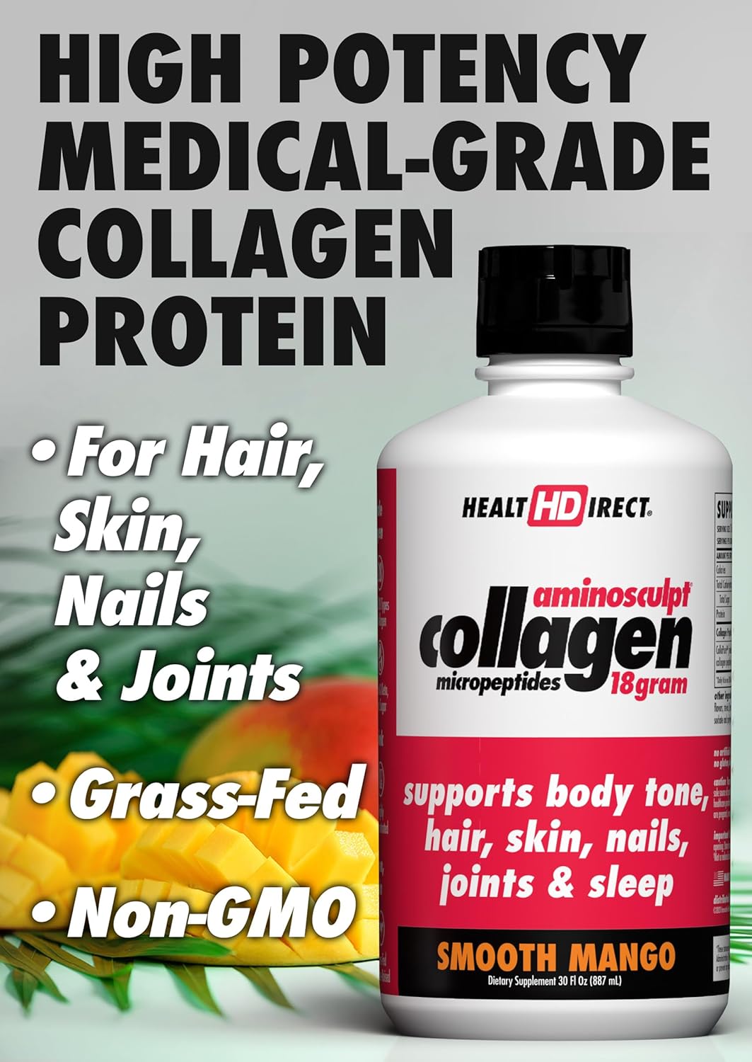 Health Direct Aminosculpt Sugar-Free Collagen Supplement - High Potency Medical-Grade Protein For Hair, Skin, Nails & Joints, Grass-Fed, Non-Gmo, Liquid Collagen - Smooth Mango - 30 Fl Oz : Health & Household