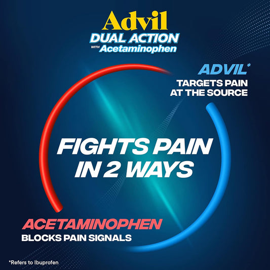 Advil Dual Action Coated Caplets with Acetaminophen, 250 Mg Ibuprofen and 500 Mg Acetaminophen Per Dose (2 Dose Equivalent) for 8 Hour Pain Relief - 2 Count x 50