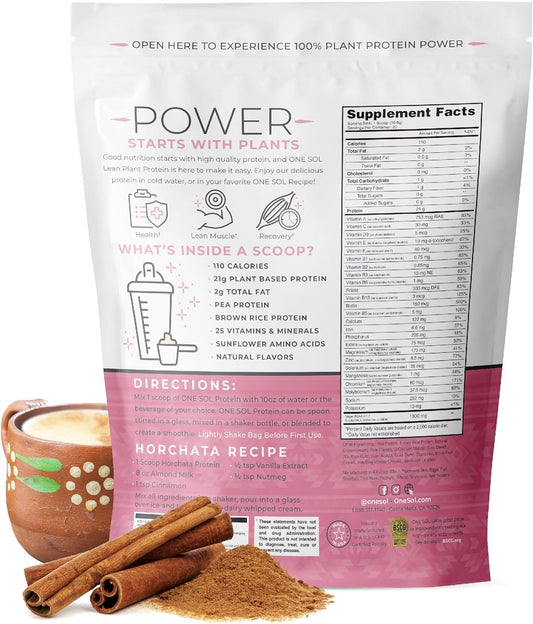 One Sol Lean Plant Protein Powder Horchata, Low Carb, Gluten Free, Lactose-Free, No Sugar Added, Soy Free, Non-Gmo, 100% Plant-Based & Vegan Friendly