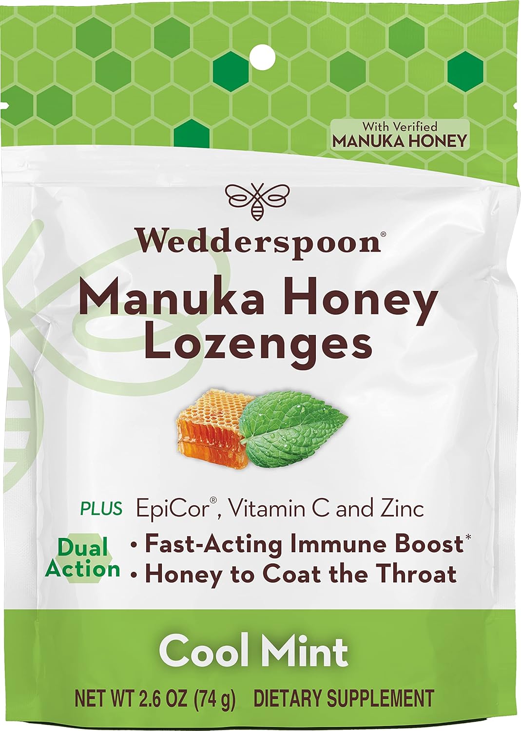 Wedderspoon Manuka Honey Immunity Lozenges, Cool Mint, 2.6 Oz (Pack of 1), Genuine New Zealand Honey, Boost Immunity Within Two Hours