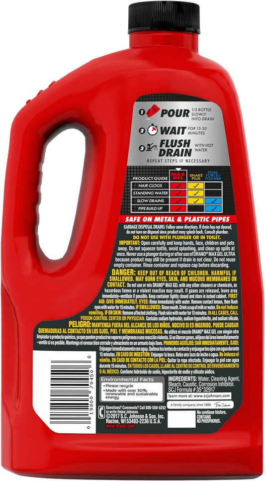 Drano Max Gel Drain Clog Remover and Cleaner for Shower or Sink Drains, Unclogs and Removes Hair, Soap Scum and Blockages, 80 Oz, Pack of 2