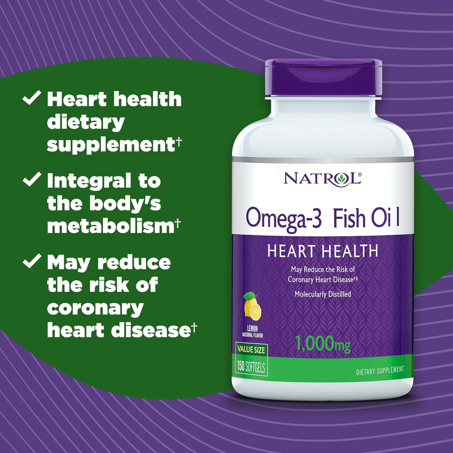 Natrol Omega-3 1,000mg Fish Oil Softgels, 150 Count (Pack of 3)