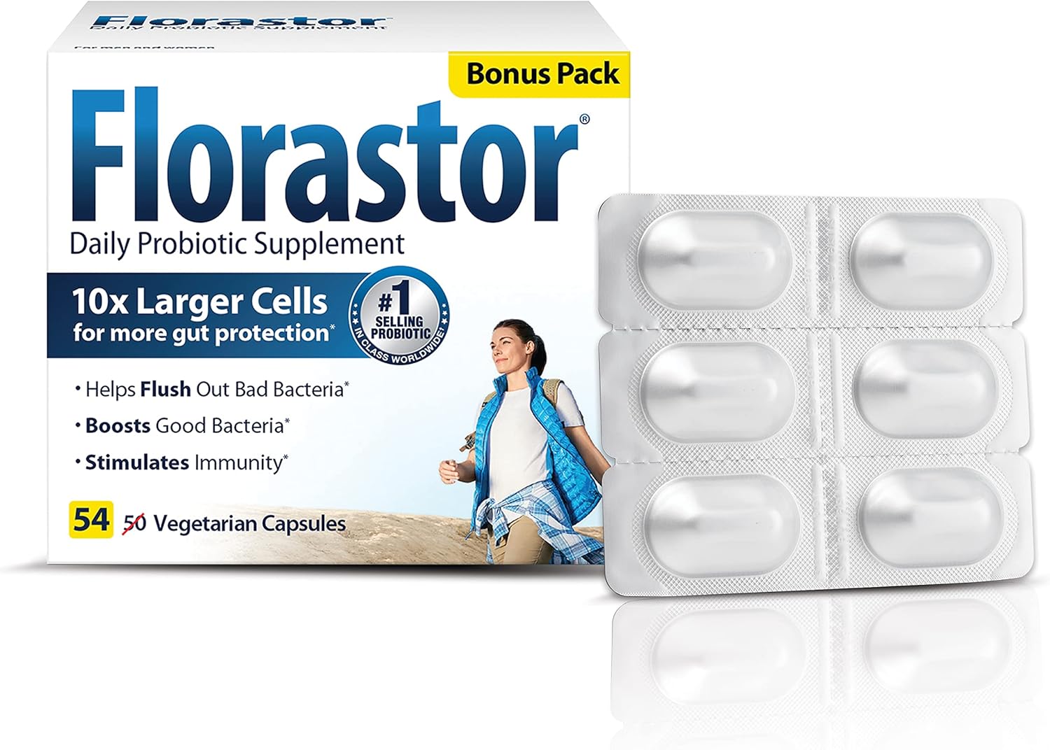 Florastor Probiotics For Digestive And Immune Health, 54 Capsules, Probiotics For Women & Men, Helps Flush Out Bad Bacteria, Boosts The Good With Our Strain Saccharomyces Boulardii, Packaging May Vary