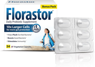 Florastor Probiotics For Digestive And Immune Health, 54 Capsules, Probiotics For Women & Men, Helps Flush Out Bad Bacteria, Boosts The Good With Our Strain Saccharomyces Boulardii, Packaging May Vary