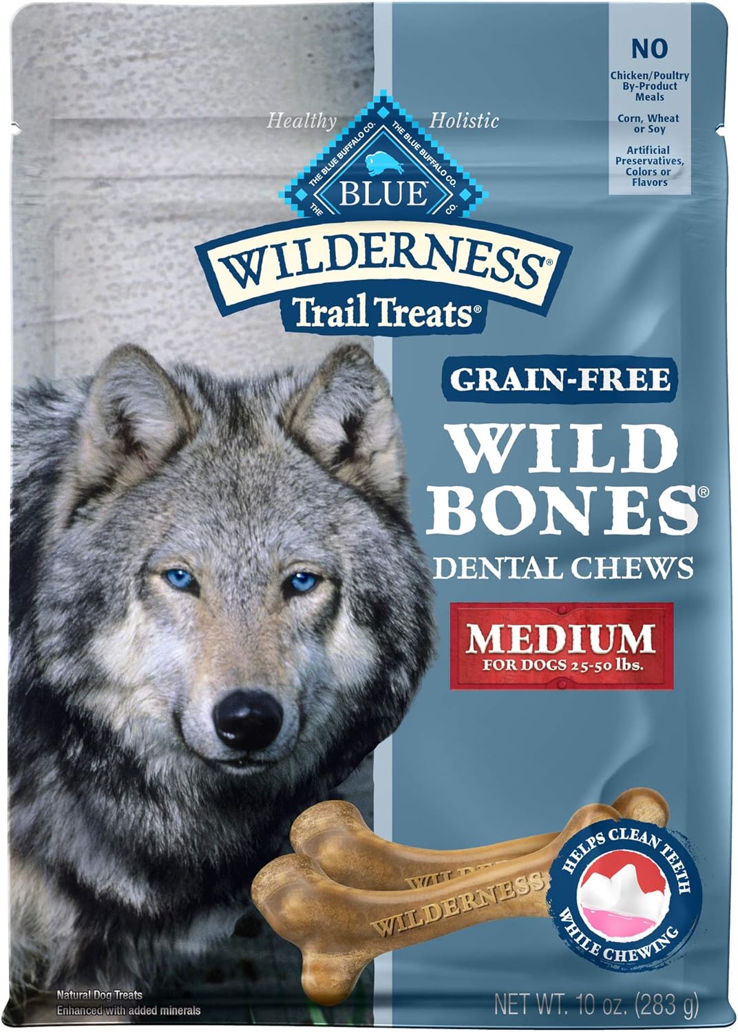 Blue Buffalo Wilderness Wild Bones Grain Free Dental Chews Dog Treats, Medium 10-oz Bag