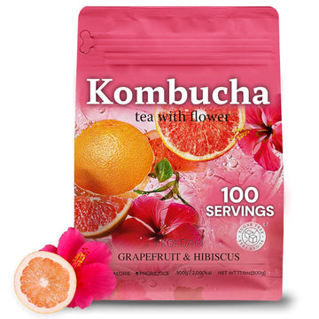 Kkokdam Kombucha Tea - Grapefruit & Hibiscus Korean Tea - Kombucha Drinks Probiotic Support, Low Calorie, Sugar Free Kombucha Pack - 500G Bulk Pouch