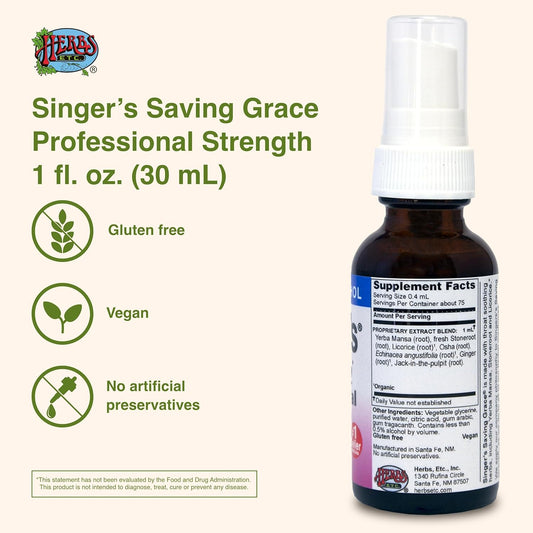 Herbs Etc. Singer'S Saving Grace Professional Strength Non-Alcohol Spray - Herbal Support For Soothing Throat - Throat Comfort Spray With Yerba Mansa & Licorice - 1 Fl Oz (About 75 Servings)