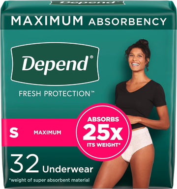 Depend Fresh Protection Adult Incontinence & Postpartum Bladder Leak Underwear For Women, Disposable, Maximum, Small, Blush, 32 Count, Packaging May Vary