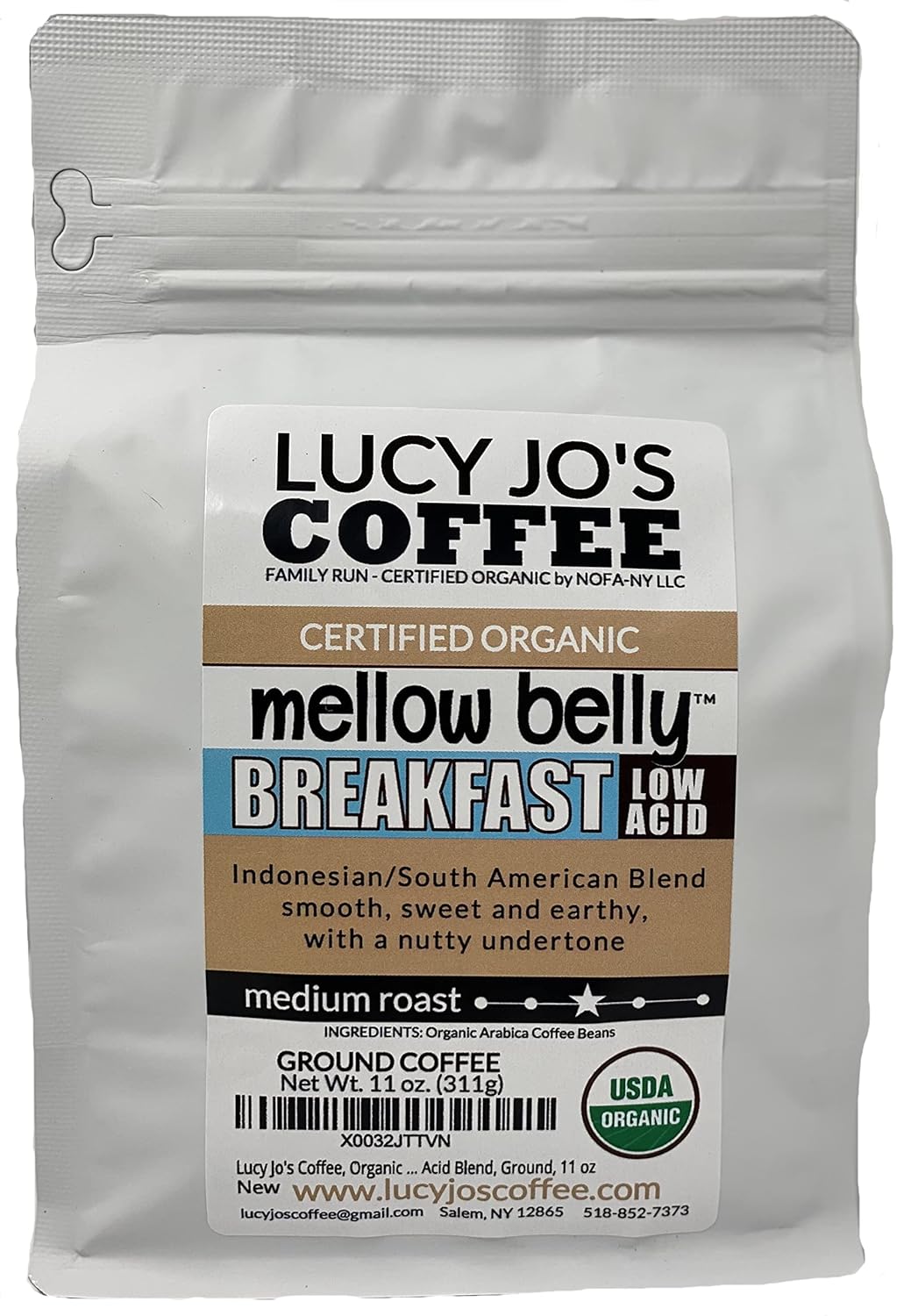Lucy Jo'S Coffee, Organic Mellow Belly Breakfast Low Acid Blend, Medium Roast, Ground, 11 Oz