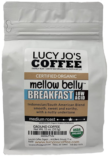 Lucy Jo'S Coffee, Organic Mellow Belly Breakfast Low Acid Blend, Medium Roast, Ground, 11 Oz