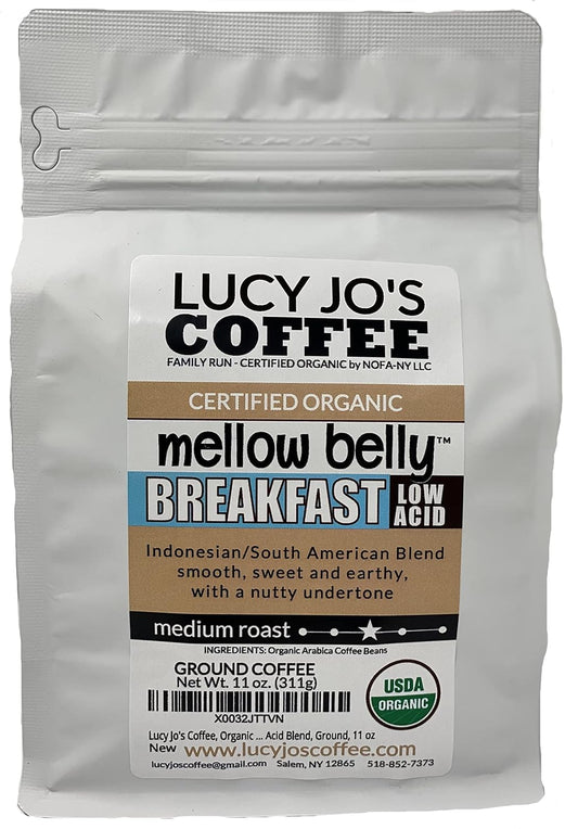 Lucy Jo'S Coffee, Organic Mellow Belly Breakfast Low Acid Blend, Medium Roast, Ground, 11 Oz