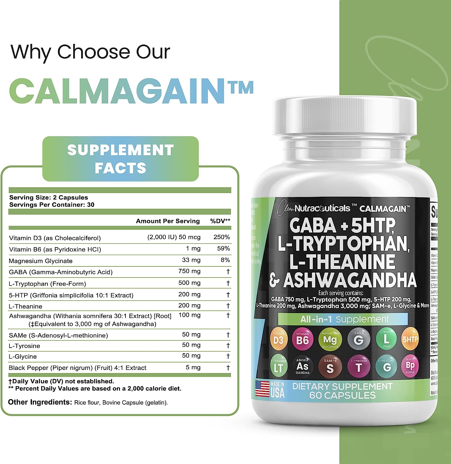 Clean Nutraceuticals GABA 750mg 5 HTP 200mg L Tryptophan 500mg L Theanine 200mg Ashwagandha 3000mg SAM-e L-Glycine - Mood Support Vitamins for Women and Men with L-Tyrosine - Made in USA 60 Caps : Health & Household