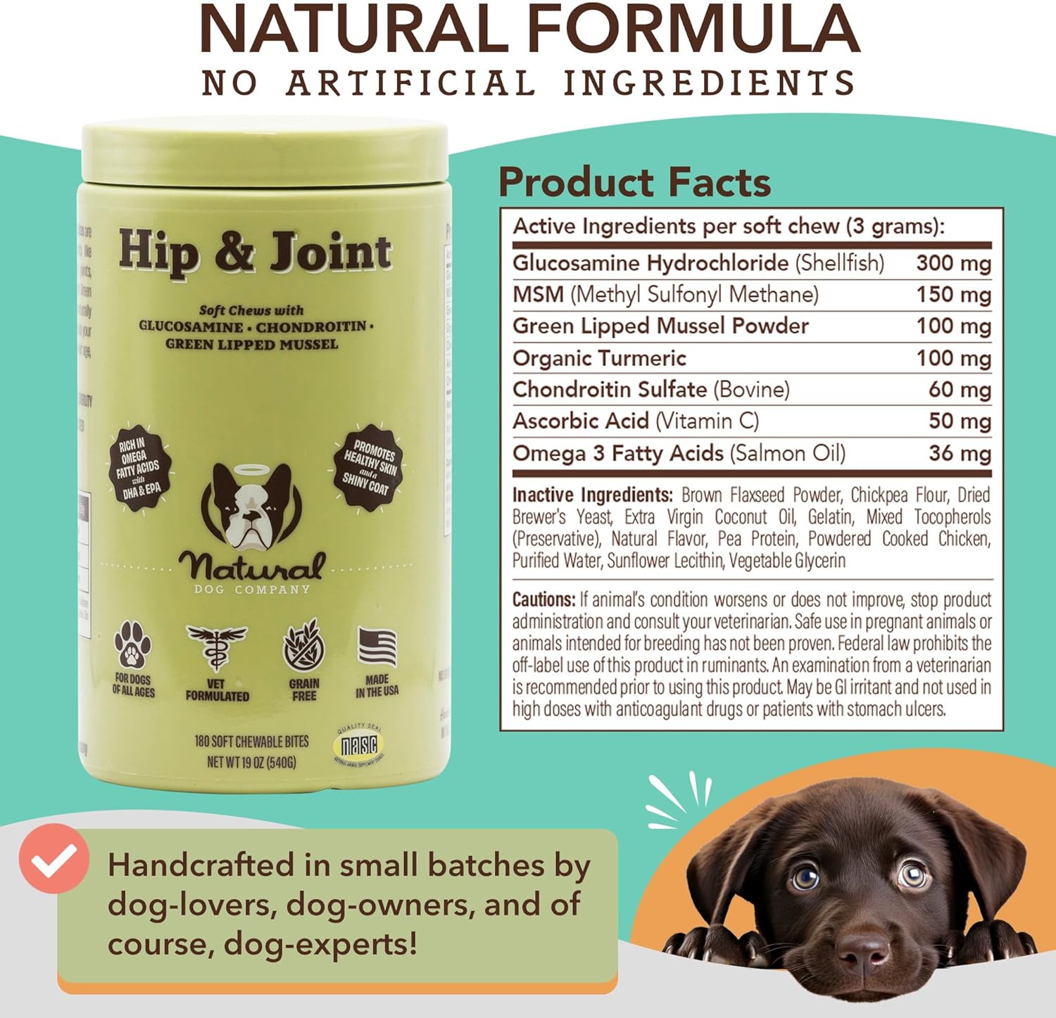 Natural Dog Company Hip & Joint Chews, Chicken Liver & Turmeric Flavor, with Glucosamine Chondroitin for Dogs, Maintains Bone and Joint Health, Supplements for Seniors and Puppies, 180 Count : Pet Supplies