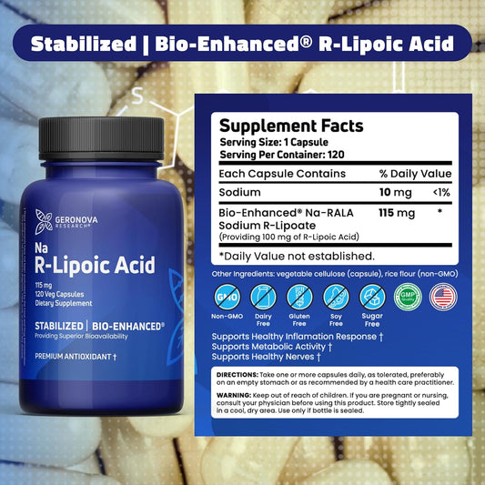 Bio-Enhanced R-Lipoic Acid, 115 Mg Capsules - 4 Month Supply - Stabilized R Alpha Lipoic Acid Supplement With Enhanced Absorption - 120 Count