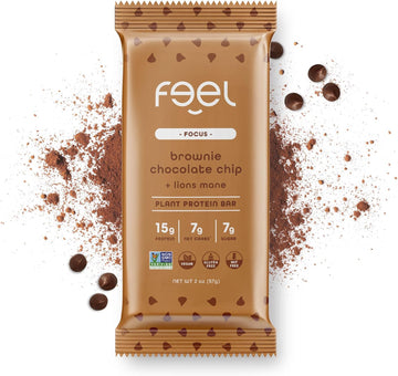 Feel Vegan Protein Bars | Brownie Chocolate Chip | Keto | Gluten Free | Organic | Lions Mane | 15G Plant Protein | Low Carb | High Protein | Dairy Free | Low Sugar | Grain Free | Nut Free | Soy Free | Non Gmo - (Brownie Choco Chip, 10 Pack)