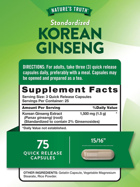 Nature'S Truth Korean Ginseng Capsules | 75 Count | Standardized Extract From Ginseng Root | Non-Gmo, Gluten Free Supplement