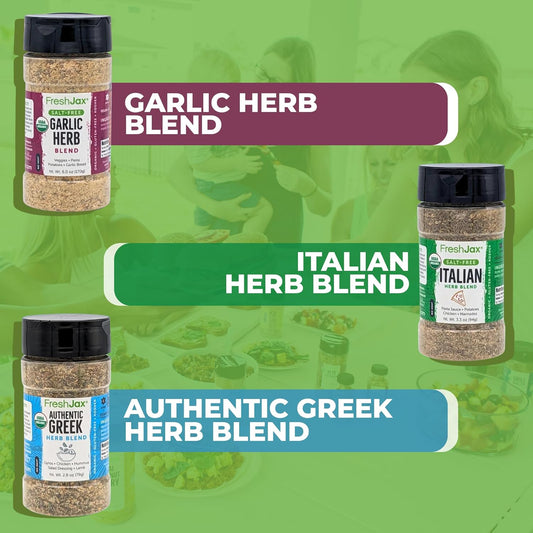 FreshJax Organic Mediterranean Spice Blend Gift Set | 3 Large Bottles | Greek, Italian and Garlic Herb Seasoning Blends | Handcrafted in Jacksonville