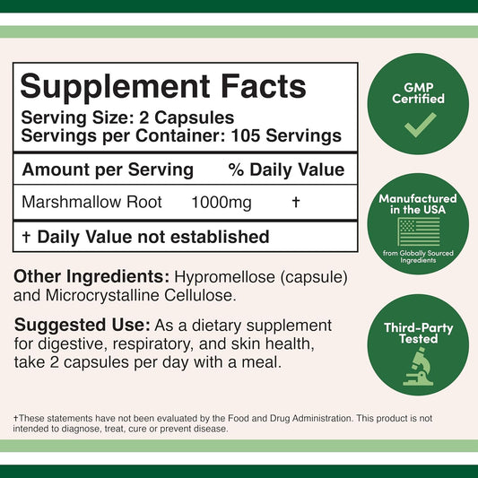 Marshmallow Root Capsules (210 Count, 1,000Mg Per Serving) High In Mucilage To Support Respiratory, Skin And Gut Repair (Vegan Safe, Gluten Free) By Double Wood