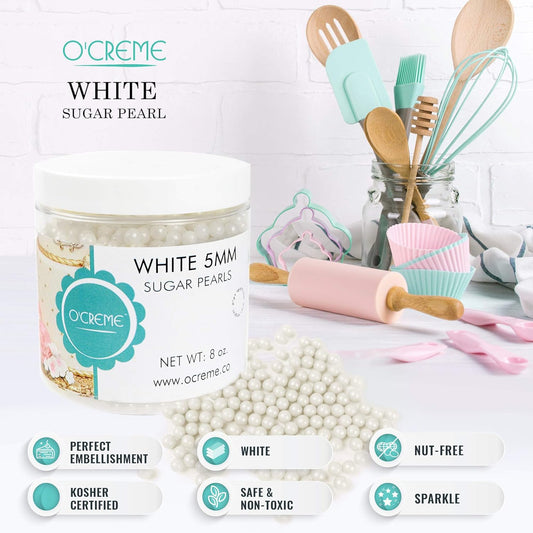 O'Creme White Edible Sugar Pearls Cake Decorating Supplies For Bakers: Cookie, Cupcake & Icing Toppings, Beads Sprinkles For Baking, Certified, Candy Sugar Ball Accents (4Mm, 16 Oz)