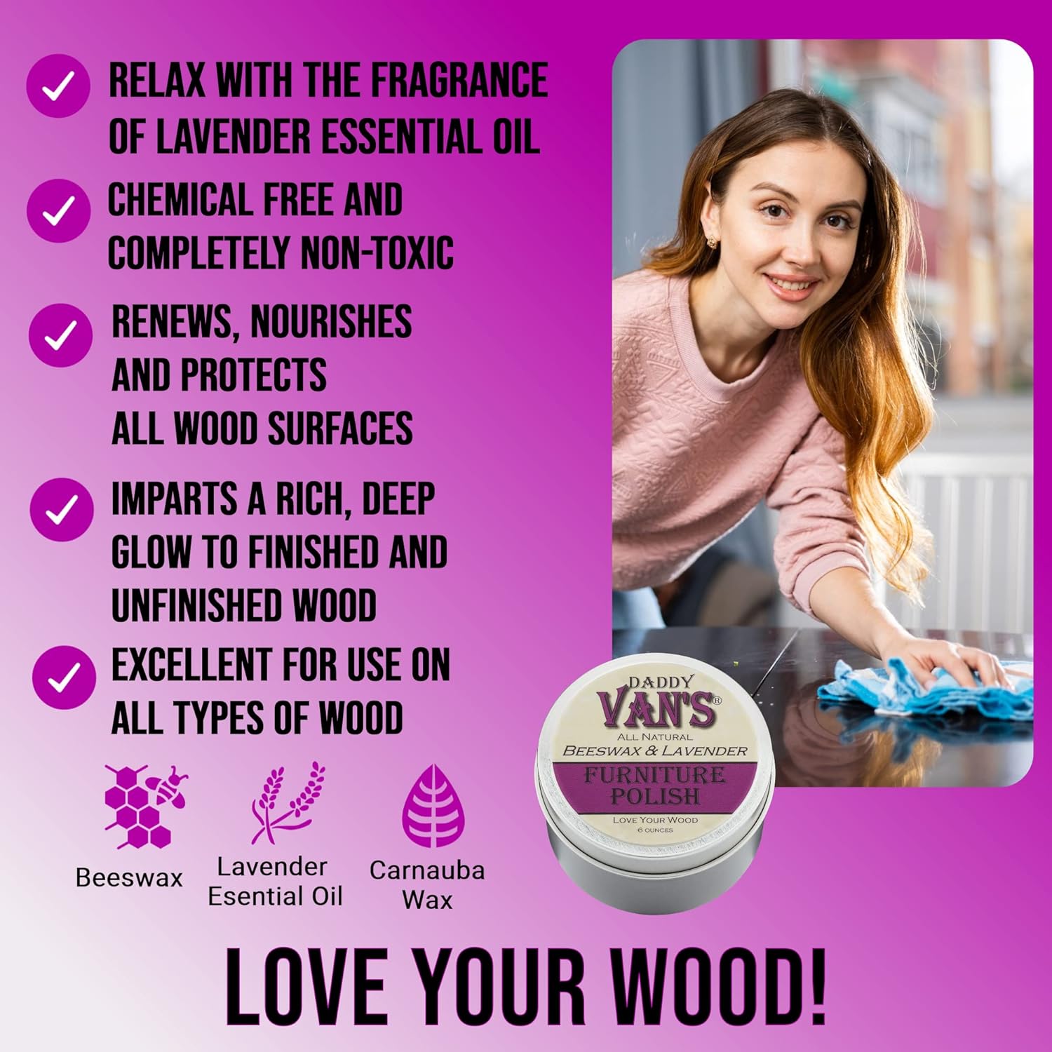Daddy Van's All Natural Beeswax & Lavender Furniture Polish - Chemical-Free, Non-Toxic Wood Conditioner Scented with Pure Lavender Essential Oil - One Tin : Health & Household
