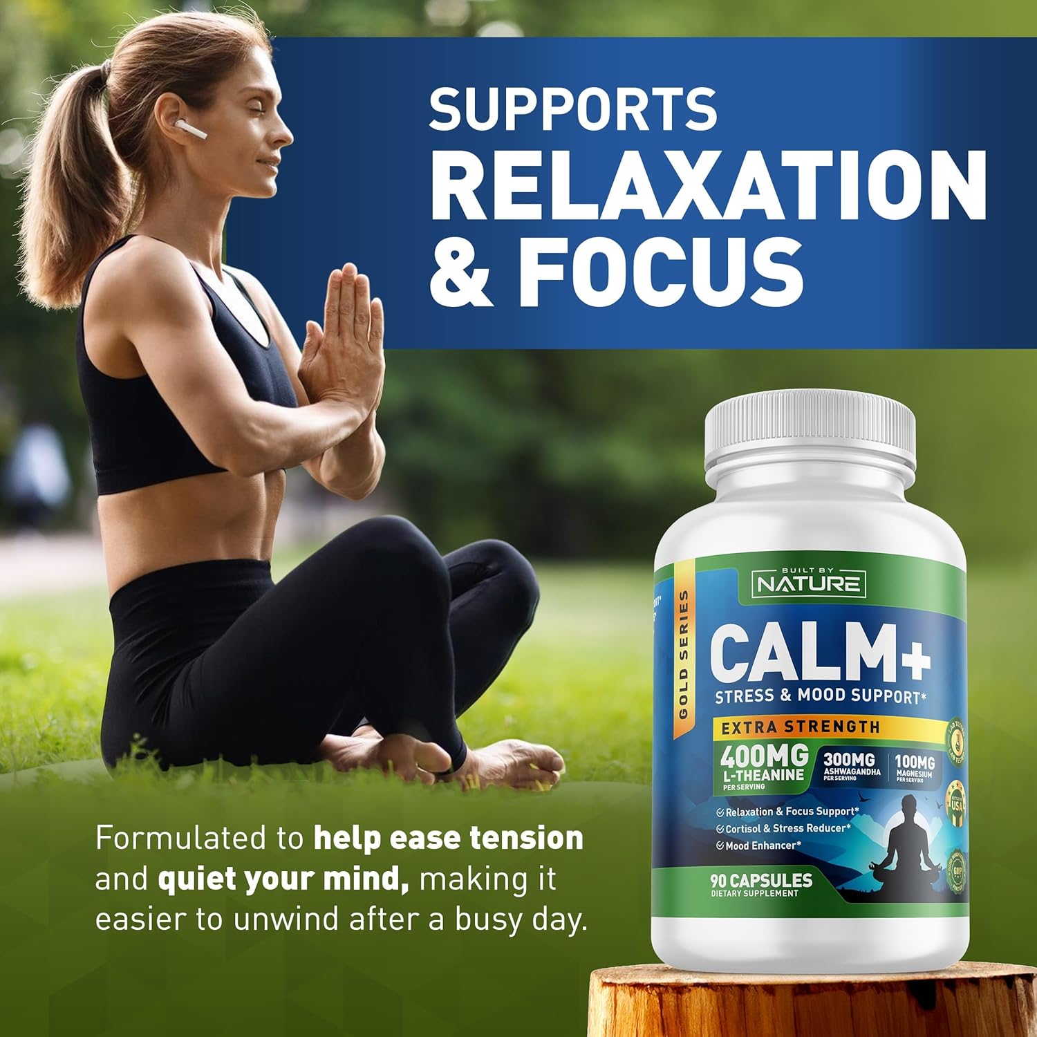 Built By Nature Calm+ Relaxation & Focus – Stress, Cortisol & Mood Support – Calm Supplement With L-Theanine, Ashwagandha, Magnesium Glycinate, Vitamin D3 – 90 Capsules : Health & Household