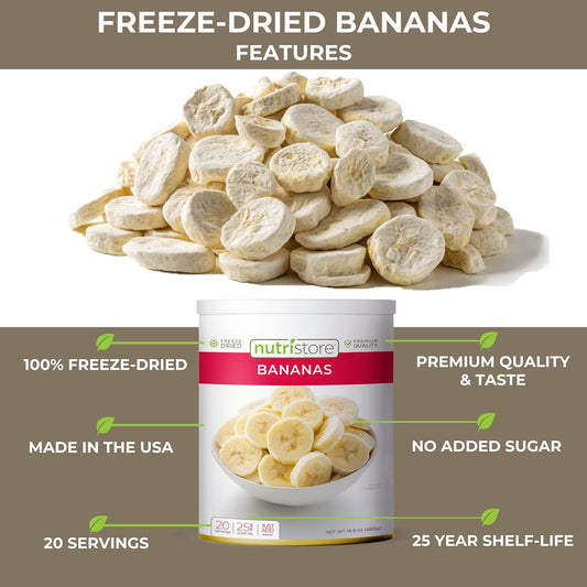 Nutristore Freeze Dried Bananas | 20 Servings | Emergency Survival Bulk Food Storage | Amazing Taste & Quality | No Extra Additives | Healthy Snack | 25 Year Shelf Life