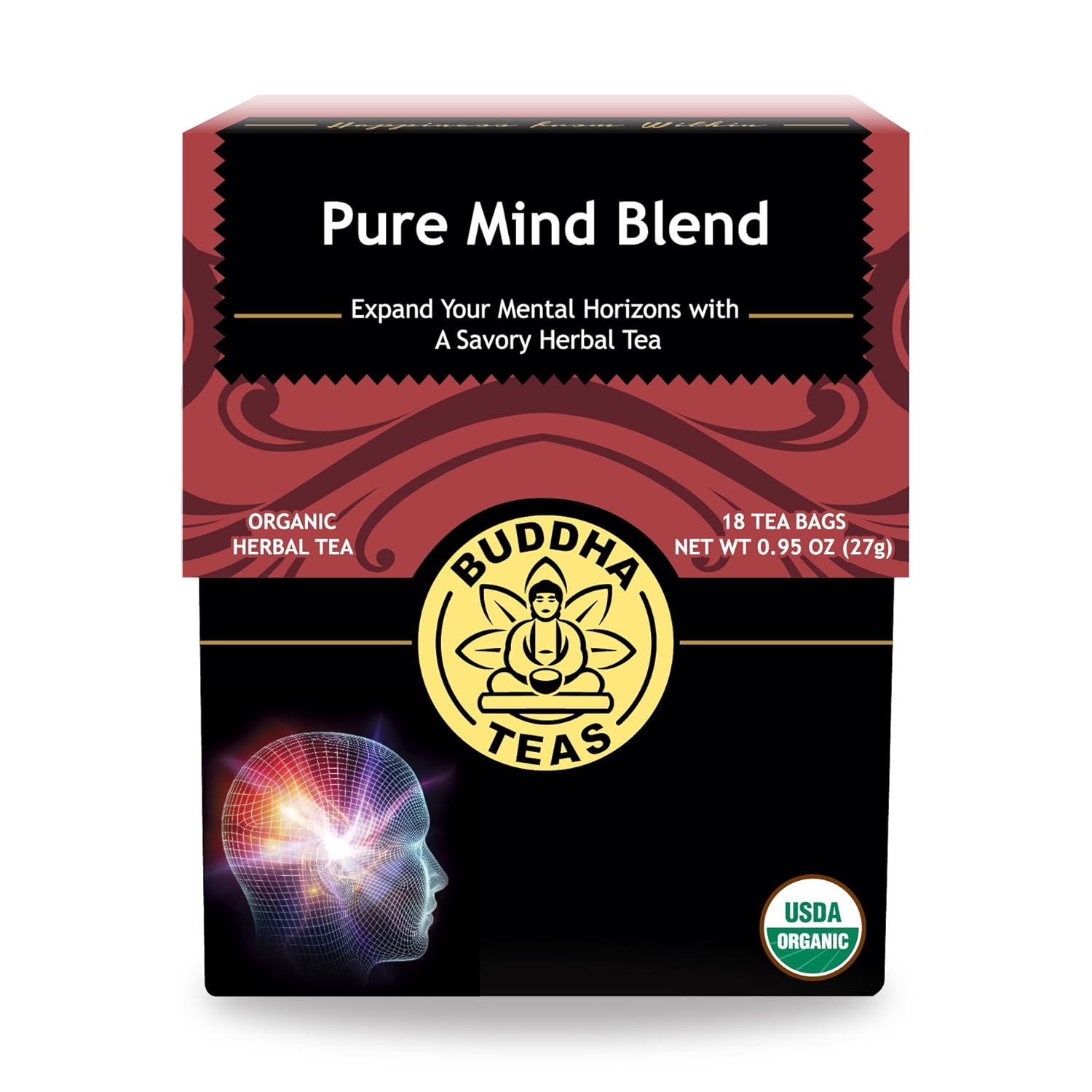 Buddha Teas - Organic Pure Mind Blend - Herbal Tea - For Health & Wellbeing - With Antioxidants & Minerals - Clean Ingredients - Caffeine Free - Ou Kosher & Non-Gmo - 18 Tea Bags (Pack Of 1)