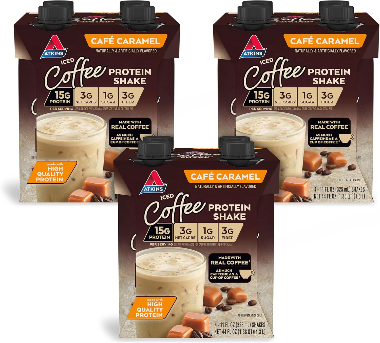 Atkins Café Caramel Iced Coffee Flavored Protein Shake, High Protein Shake, Low Glycemic, Low Carb And Low Sugar, Keto Friendly, Gluten Free, 12 Count