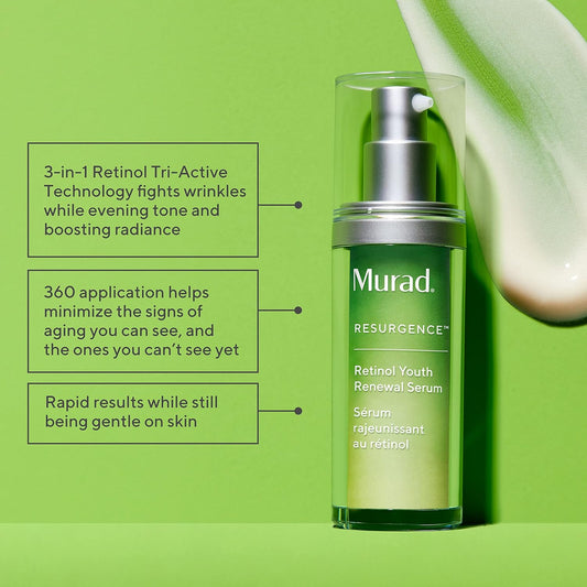 Murad Retinol Youth Renewal Serum - Fast-Acting Retinol Treatment With Swertia & Hyaluronic Acid For Visible Anti-Aging Results - Tri-Active Technology Gently Reduces Wrinkles & Firms Skin