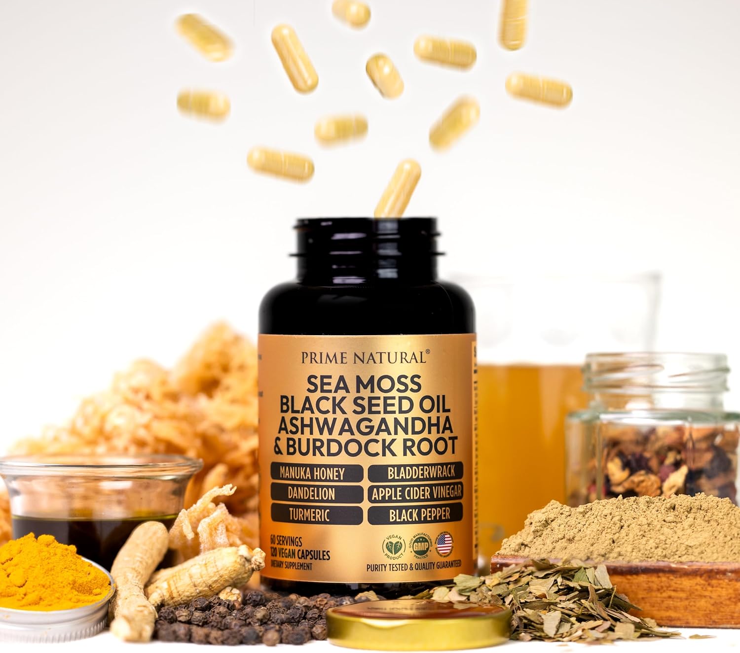 Sea Moss 3000Mg Black Seed Oil 2000Mg Ashwagandha 1000Mg Turmeric 1000Mg Bladderwrack 1000Mg Burdock 1000Mg Manuka Honey Dandelion Acv - 120 Capsules | 60 Days Supply | Vegan