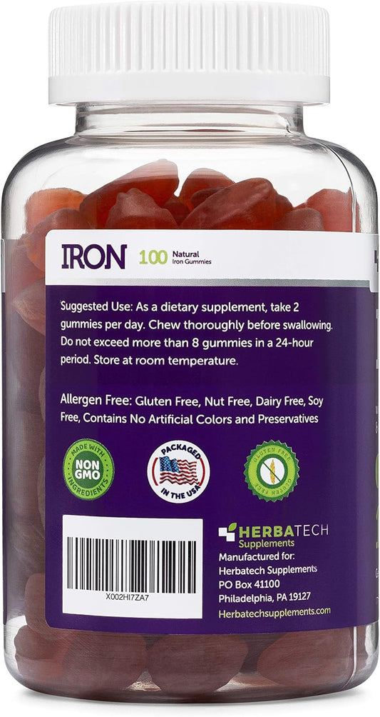 Iron Gummies For Adults And Kids, Chewable Multivitamin Supplement With Iron, Vitamin C, A, B, Zinc, Folic Acid, And Biotin (Grape Flavored) Vegan Safe, Made In The Usa From Herbatech