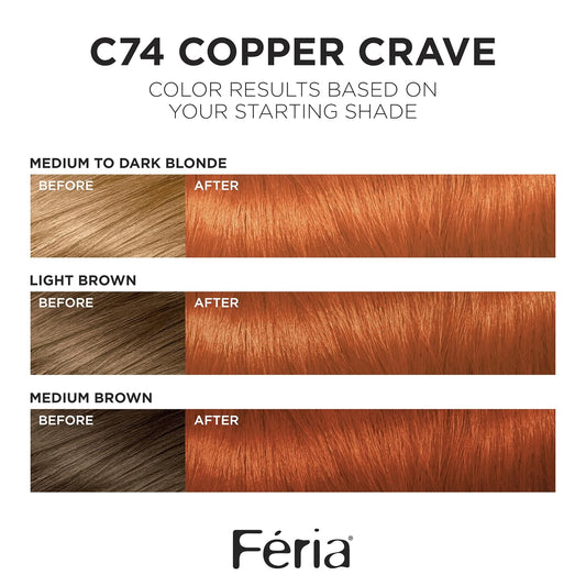 L'Oreal Paris Feria Multi-Faceted Shimmering Permanent Hair Color, C74 Copper Crave (Intense Copper), Pack Of 1, Hair Dye