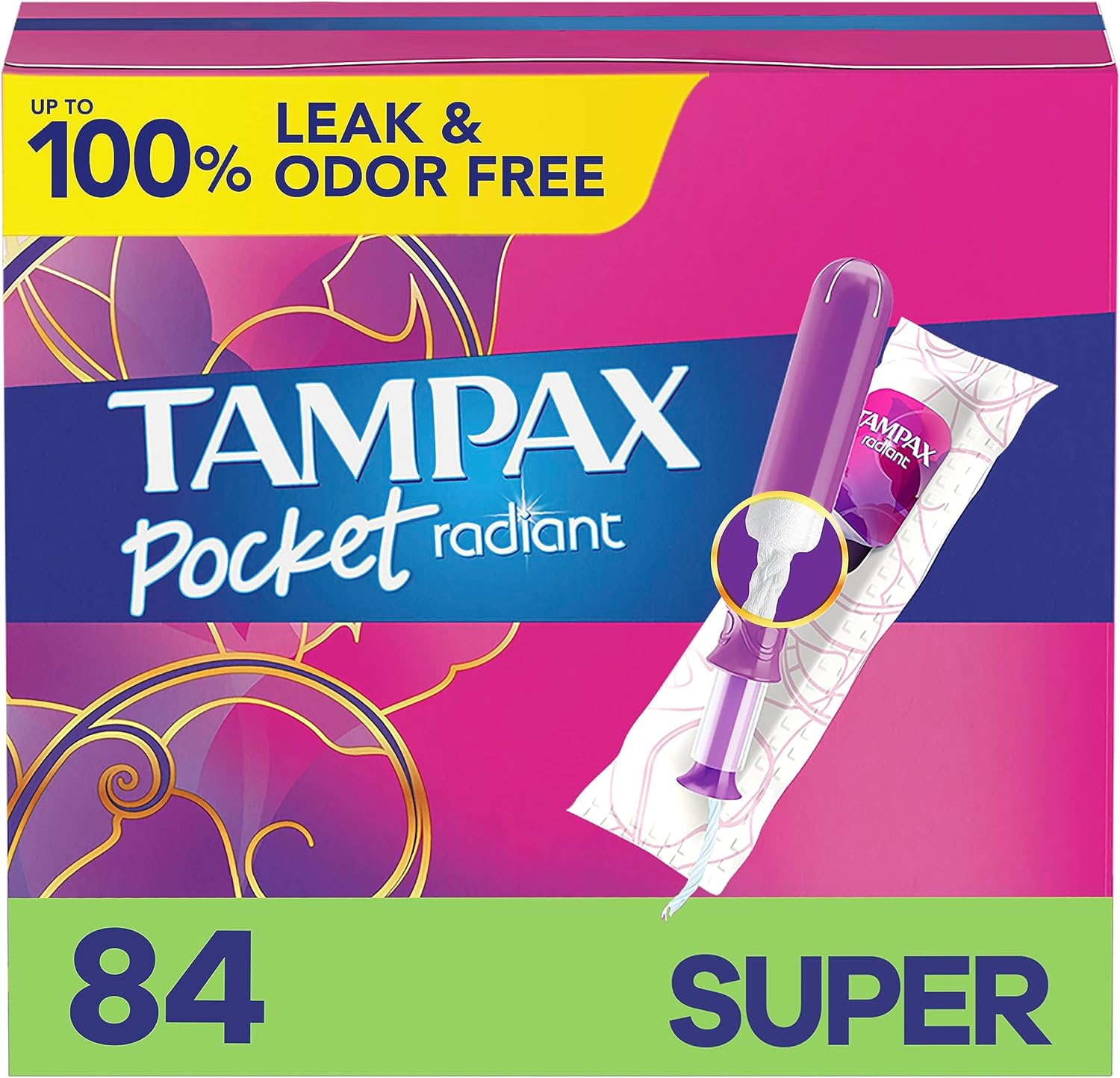 Tampax Pocket Radiant Compact Plastic Tampons, With LeakGuard Braid, Super Absorbency, Unscented, 28 Count x 3 Packs (84 Count total)