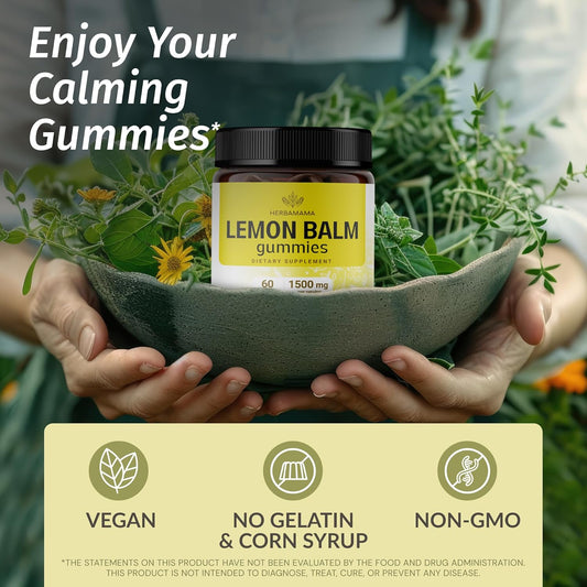 Herbamama Lemon Balm Gummies - Lemon Balm Supplements For Mood And Brain Support - Calming Gummies With Calm And Relaxing Formula - Lemon Balm Herb Melissa Officinalis - 60 Vegan Gummies