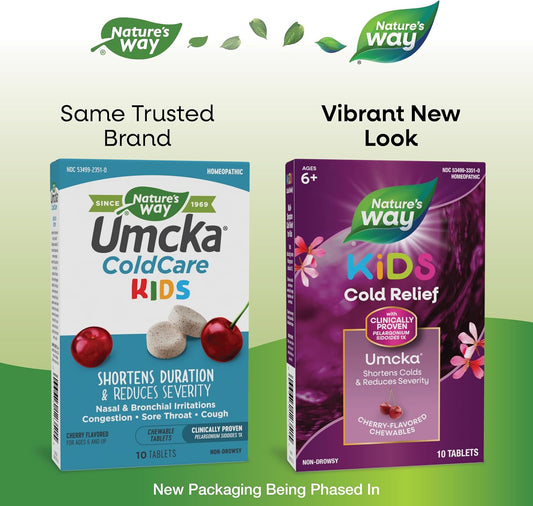 Nature'S Way Cold Relief For Kids 6+, Umcka, Shortens Duration & Reduces Severity, Multi-Symptom Cold Relief, Homeopathic, Phenylephrine Free, Cherry Flavored, 10 Chewable Tablets (Packaging May Vary)