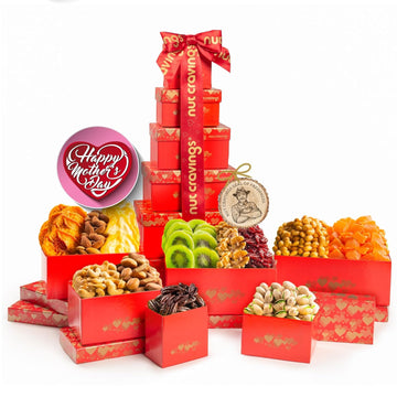 Nut Cravings Gourmet Collection - Mothers Day Dried Fruit & Mixed Nuts Gift Basket Red Tower + Heart Ribbon (12 Assortments) Arrangement Platter, Healthy Kosher USA Made