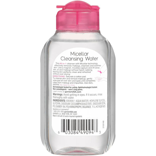 Garnier Micellar Cleansing Water, All-In-1 Makeup Remover And Facial Cleanser, For All Skin Types, 3.4 Fl Oz (100Ml), 1 Count (Packaging May Vary)