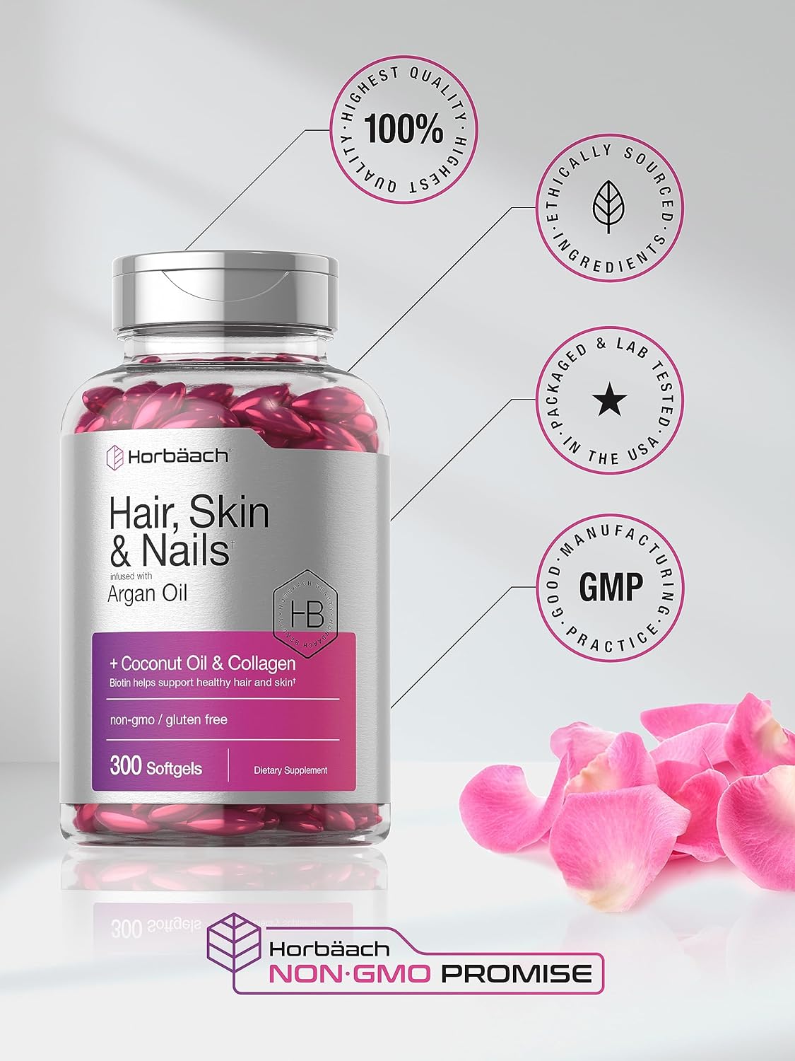 Horbäach Hair Skin and Nails Vitamins | 300 Softgels | with Biotin and Collagen | Infused with Argan Oil and Coconut Oil | Non-GMO, Gluten Free Supplement : Health & Household