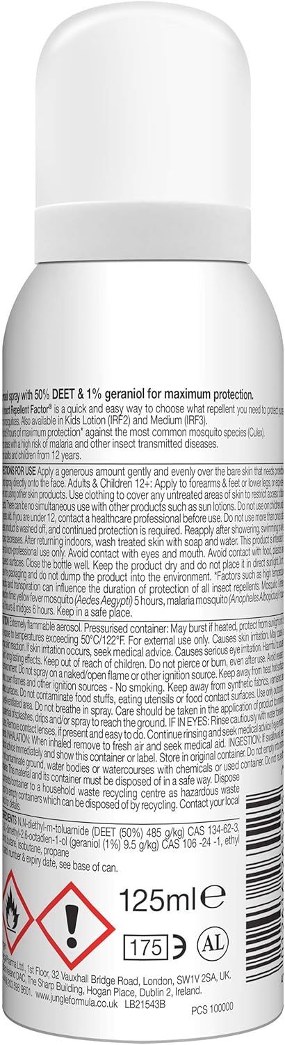 Jungle Formula Maximum Strength Insect Repellent Aerosol Spray (125Ml - 50% Deet) - Up To 9 Hour Protection Against Mosquitoes, Ticks & Biting Insects - Mosquito Repellent For Travel & Domestic Use