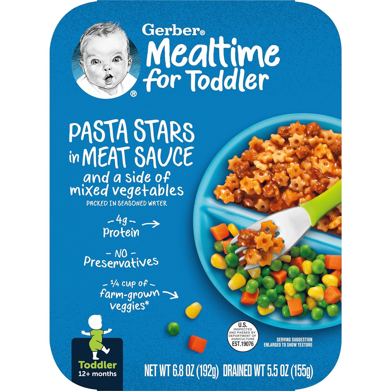 Gerber Mealtime for Toddler Pasta Stars in Meat Sauce with Side of Mixed Veggies, 6.80 Ounce (Pack of 8)