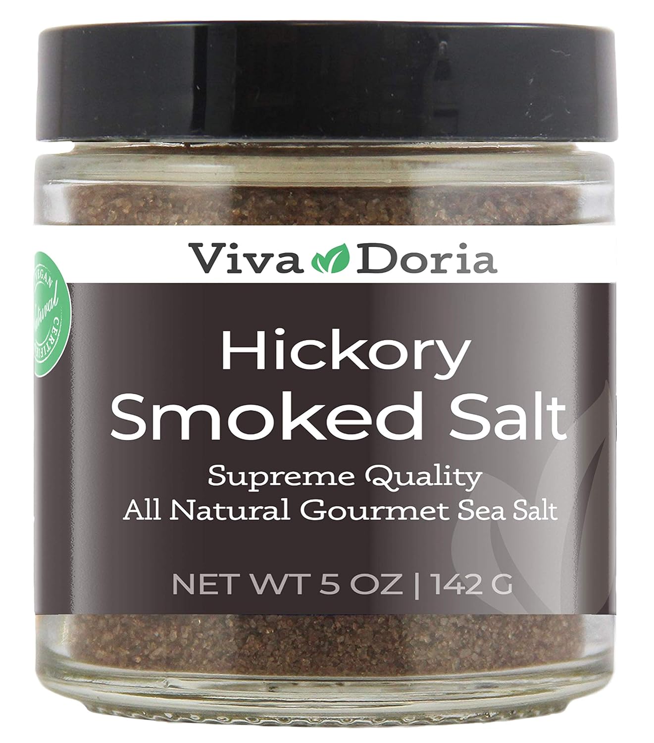 Viva Doria Hickory Smoked Sea Salt (Fine Grain) Hickorywood Salt (5 Oz Glass Jar)