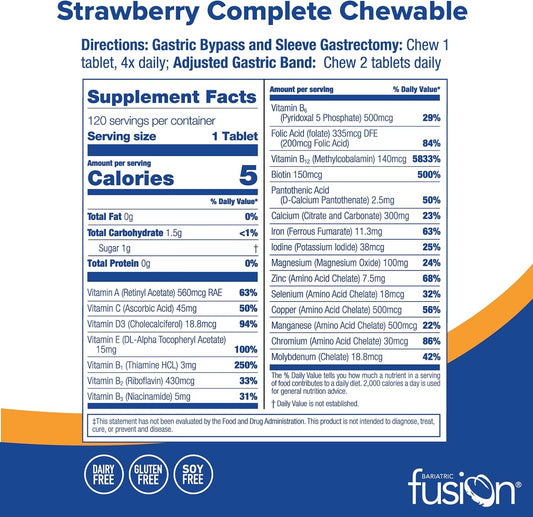 Bariatric Fusion Strawberry Complete Chewable Bariatric Multivitamin With Iron For Bariatric Surgery Patients Including Gastric Bypass And Sleeve Gastrectomy - 120 Tablets