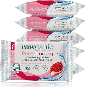 RAWGANIC Pure Cleansing Anti-aging Facial Wipes with Pomegranate and Aloe Vera | Gentle Hydrating Biodegradable Makeup Removal Wipes |Organic Cotton Face Wipes | 6 Packs (150 wipes in total)