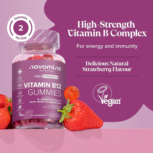 Vitamin B12 Gummies - Vegan - High Strength - 1 Month Supply - Vitamin B12 1000 Mcg – Enriched With Vitamin C, B1, B2, B6, Biotin - Gummies Made By Novomins