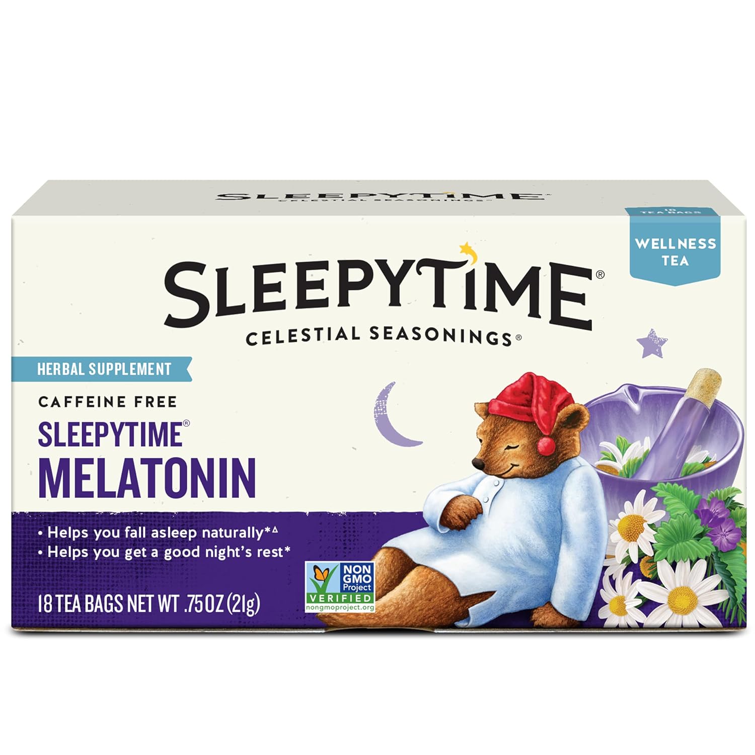 Celestial Seasonings Sleepytime Wellness Tea Plus Melatonin, Caffeine Free, 18 Tea Bags Box