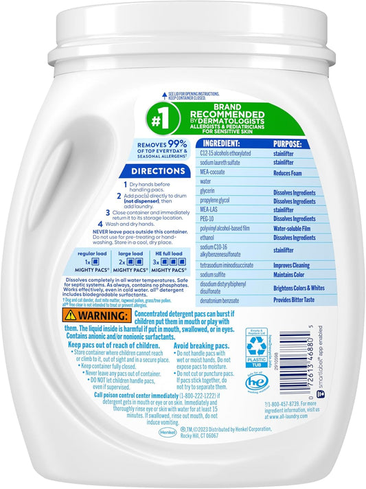 All Mighty Pacs Laundry Detergent, Free Clear For Sensitive Skin, Tub, 60 Count