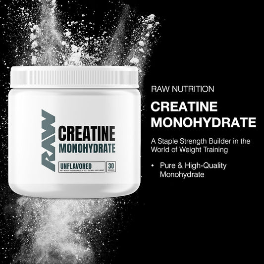 RAW Nutrition Creatine Monohydrate Powder, Unflavored (30 Servings) - Micronized Creatine Monohydrate Supplement for Workout Performance, Build Muscle & Strength - Creatine Powder for Men & Women