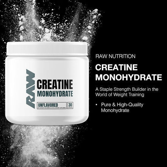 Raw Nutrition Creatine Monohydrate Powder, Unflavored (30 Servings) - Micronized Creatine Monohydrate Supplement For Workout Performance, Build Muscle & Strength - Creatine Powder For Men & Women