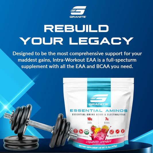 Granite 10G Essential Amino Acids Powder (30 Servings) Muscle Recovery Supplement For Muscle Growth - 7G Bcaa Powder With Electrolytes, Soy And Gluten-Free, Made In Usa, Strawberry Lemonade